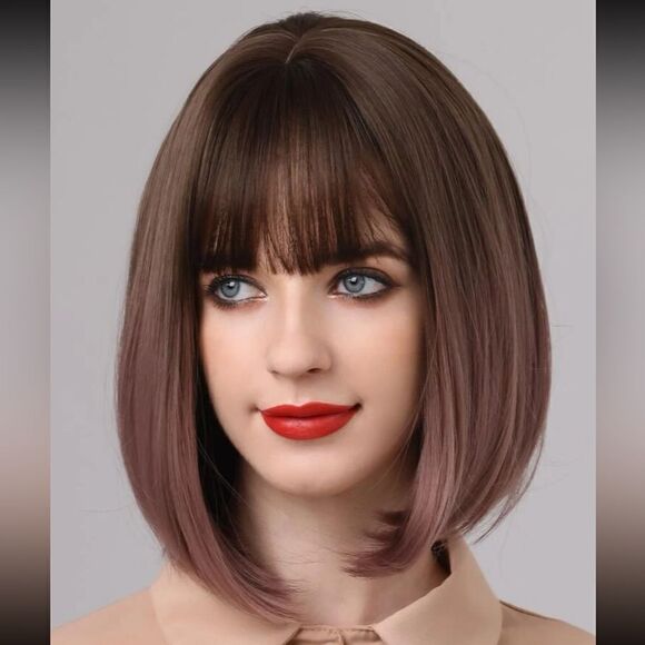 New Short Ombre Synthetic Wig With Bangs - Picture 1 of 9